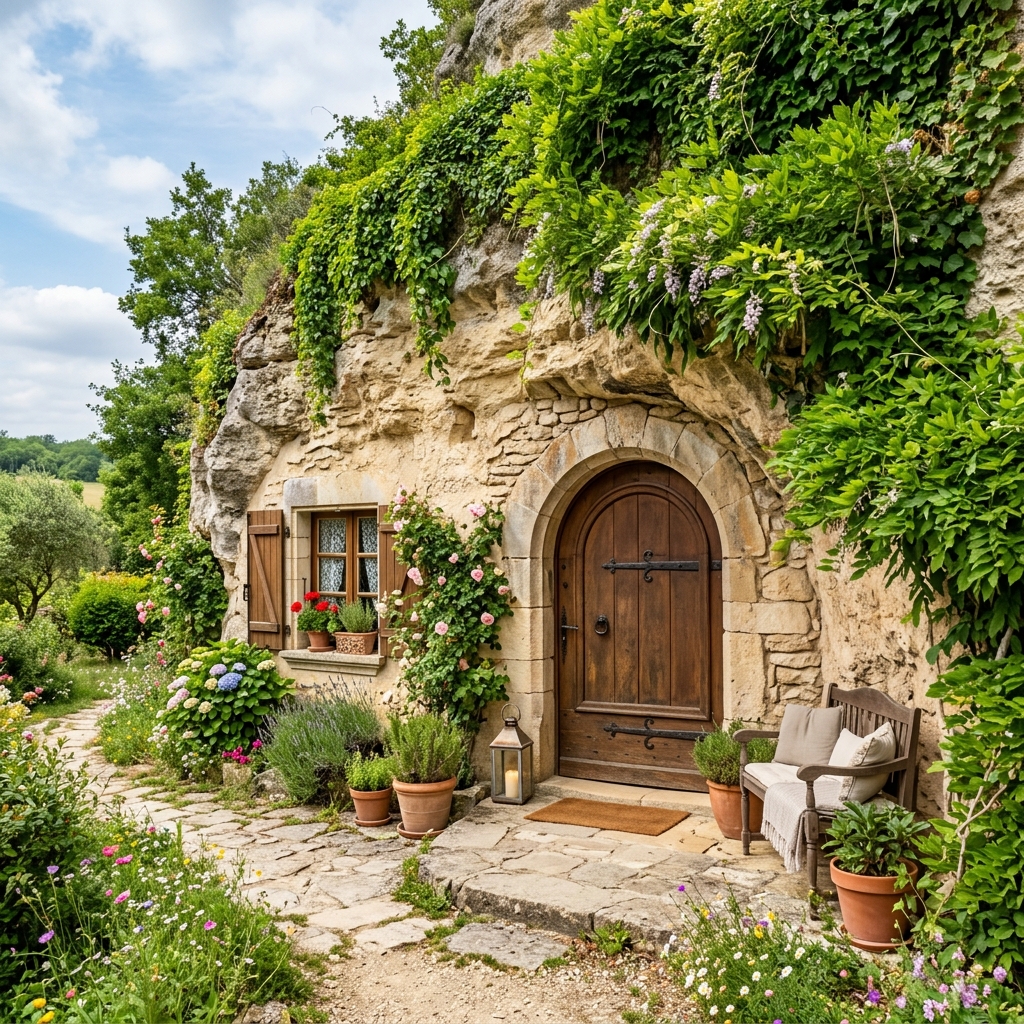 Façade en pierre typique de maison troglodyte
